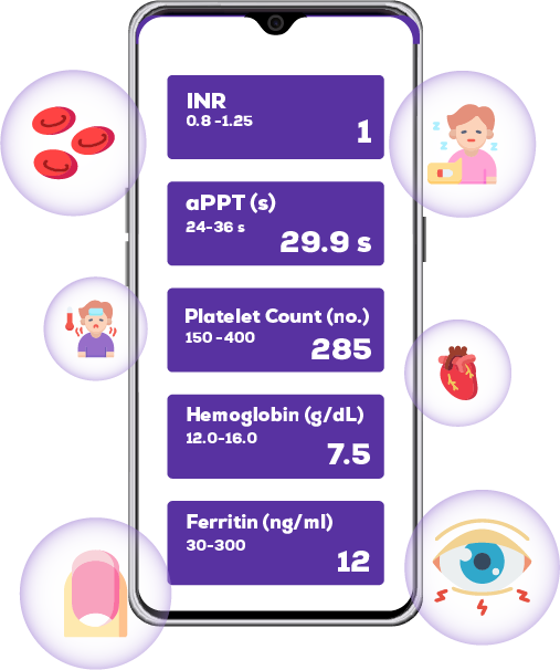 A vector illustration of a mobile screenshot with anemia count report surrounded by many small icons.