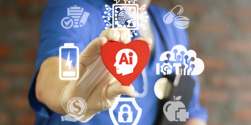 A healthcare professional is showing a heart model with the text 'AI' and virtual icons to illustrate the influence of AI on cardiovascular health.